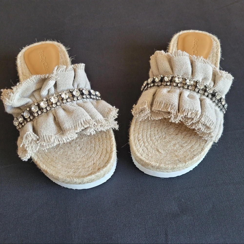 See By Chloe Mollie Linen Rhinestone Espadrille Sandals - NEW WITH BOX